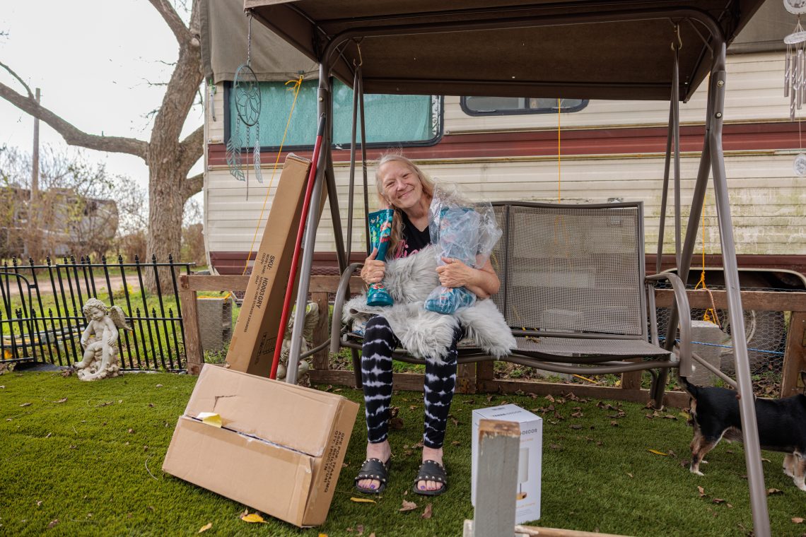 Person on a swing with gifts they received